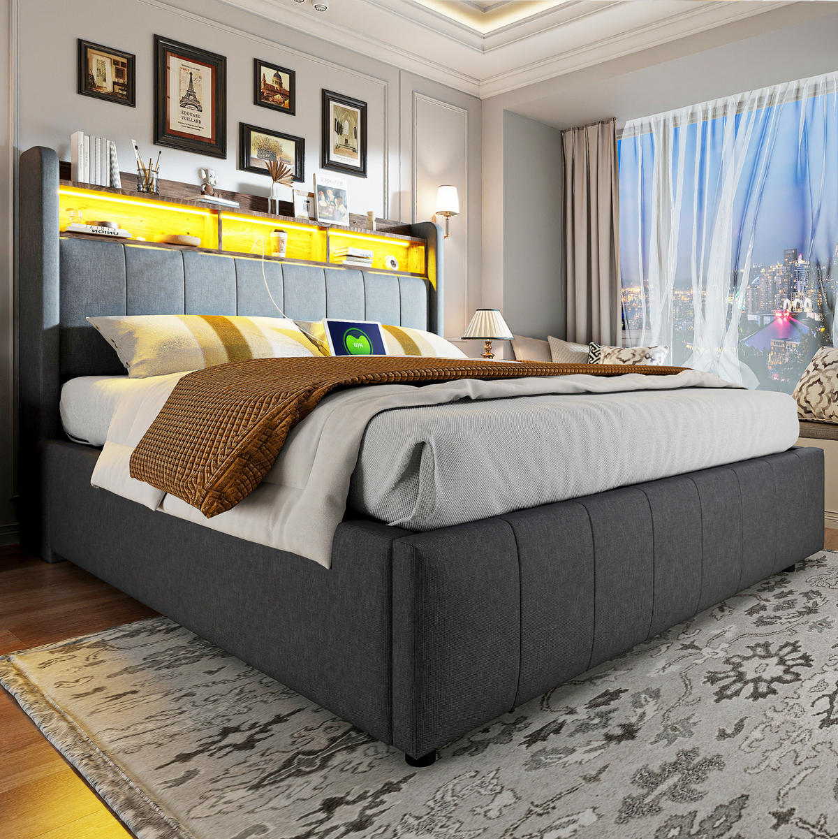 POLSTERBETT 160/200 cm aus Leinenstoff mit LED-Beleuchtung und Stauraum Grau - Grau, Textil (160/200cm) - Modenvie