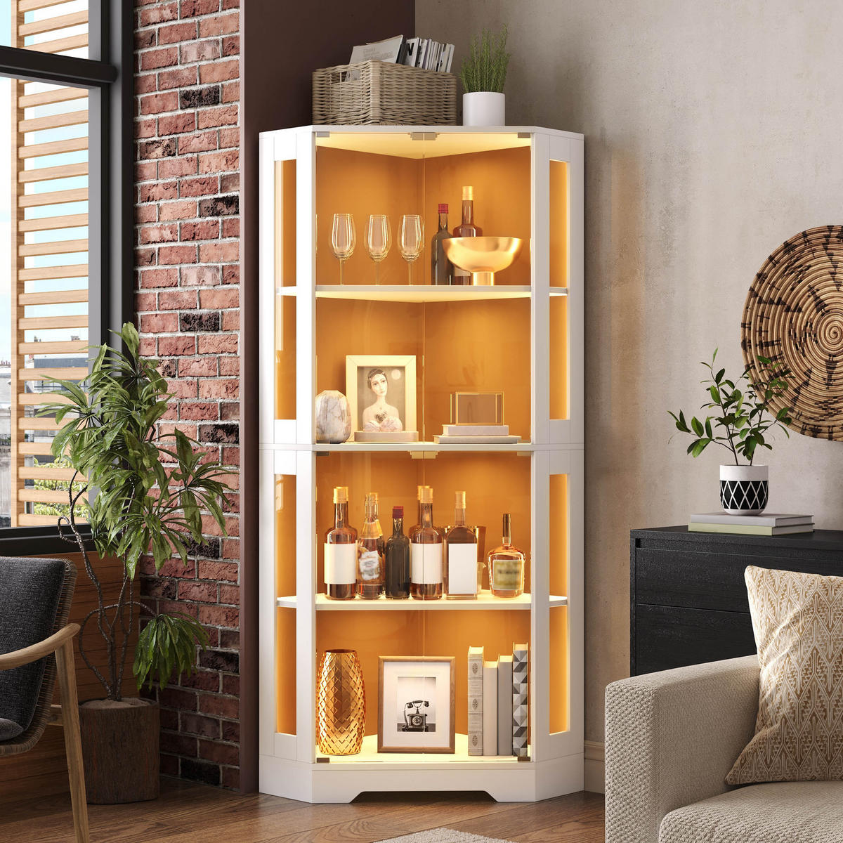 GESCHIRRSCHRANK 165 cm MDF Weiß mit RGB-LED, Glastüren und Weinregal - Weiß, Holzwerkstoff (40/165/40cm) - Korfee