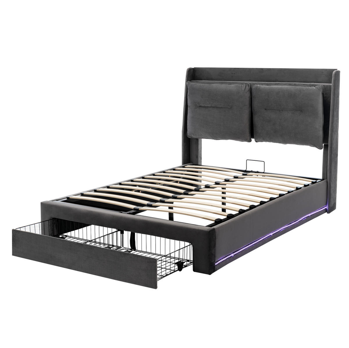 SAMT-POLSTERBETT 140/190 cm mit Bettkasten, LED-Beleuchtung und gepolstertem Kopfteil - Dunkelgrau, Textil (140/190cm) - BEAOK