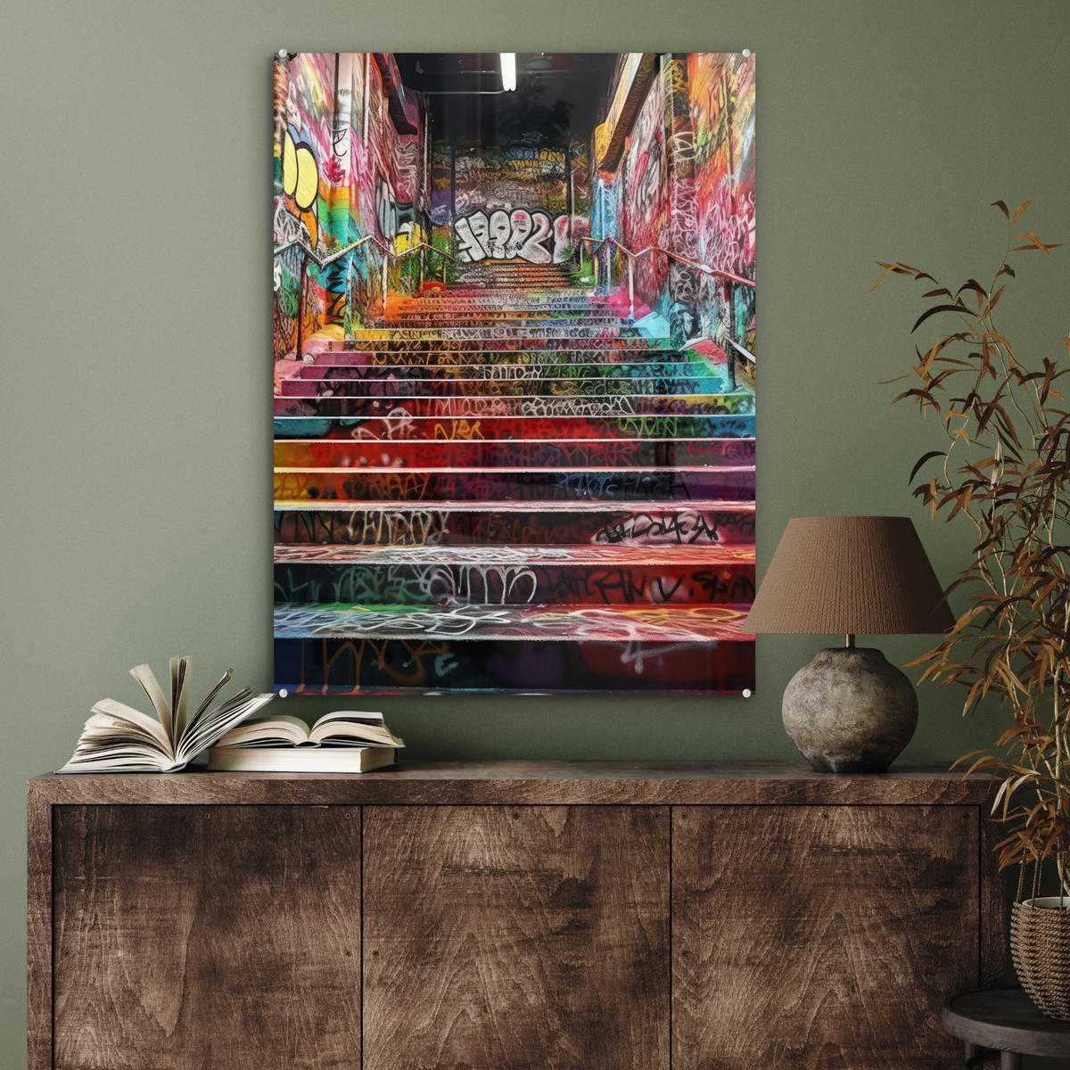 ACRYLGLASBILD Treppe - Graffiti - Farben - Kunst 60x80 cm - Multicolor, Glas (60/80cm) - MuchoWow