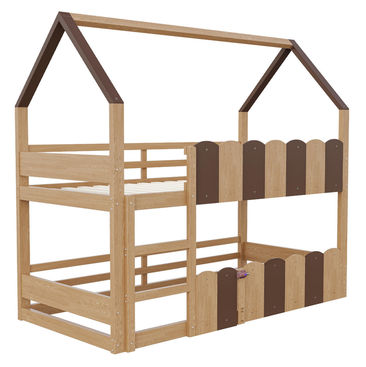 KINDER-ETAGENBETT aus Holz 90x200 cm Naturholz im Hausdesign mit Sicherheitsgeländern - Naturfarben, Holz (90/200cm) - IVMEU