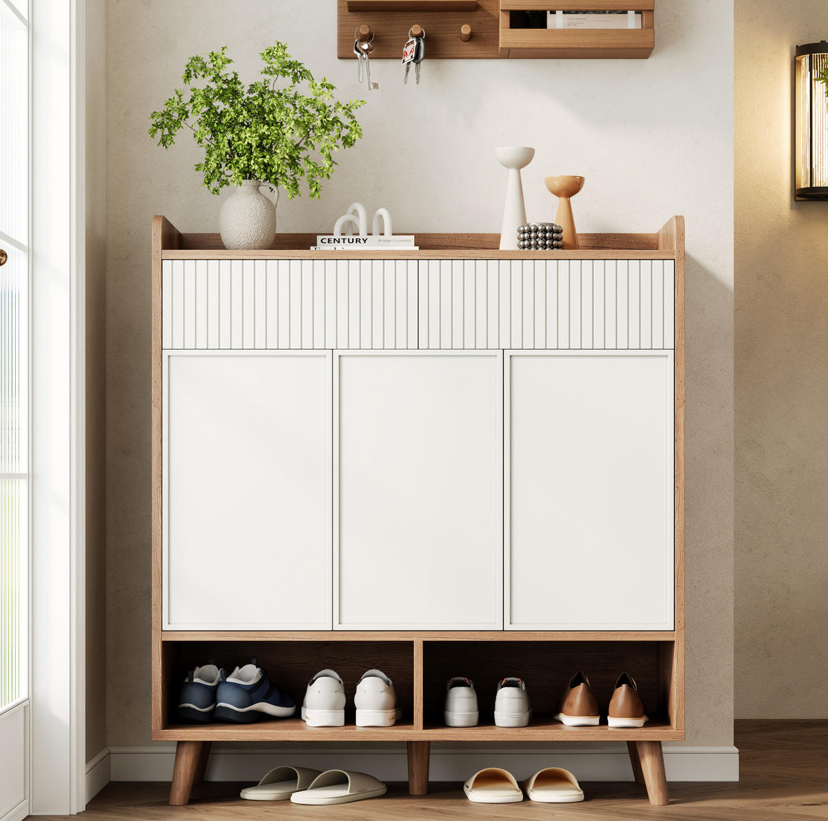 SCHUHSCHRANK aus MDF & Spanplatte 90x35x100cm in Weiß mit Kippsicherung - Weiß, Holzwerkstoff (90/100/35cm) - Modfu