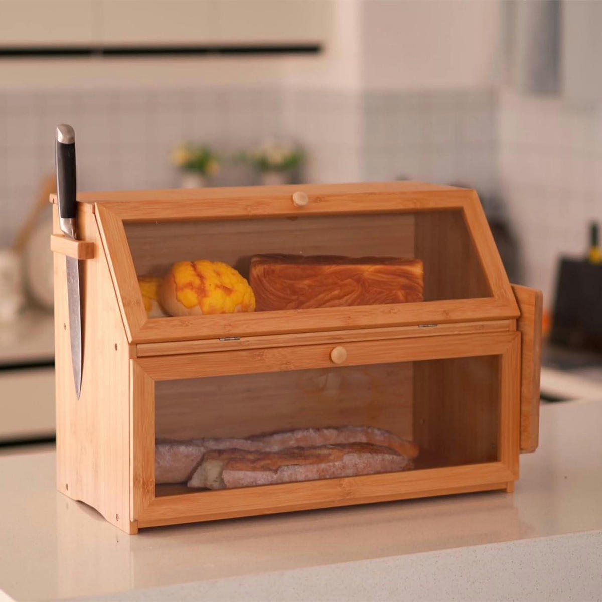 BROTKASTEN Bambus 2 Etagen mit Schneidebrett 50 cm - Hellbraun, Naturmaterialien (25/37/50cm)