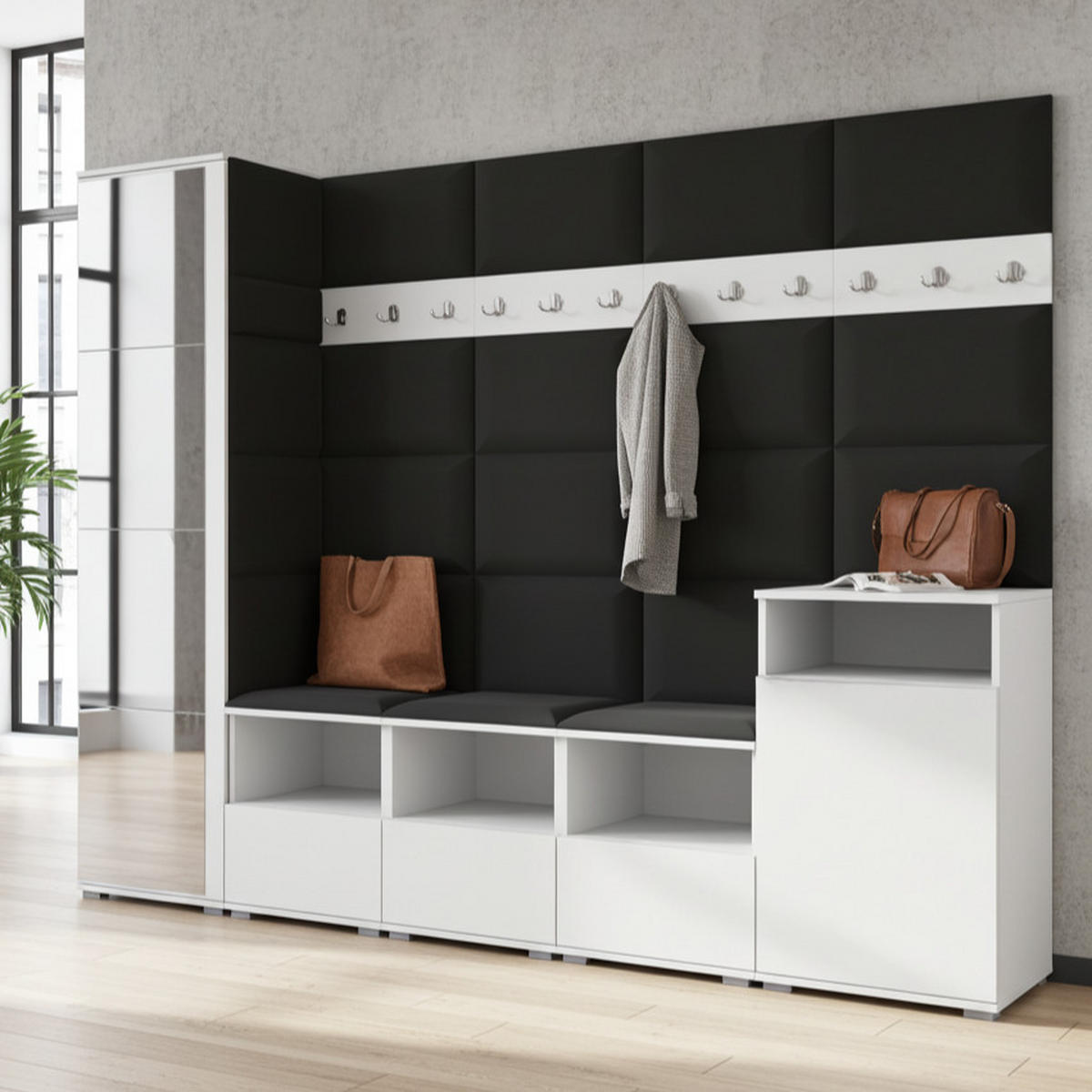 GARDEROBE NELA XI 250 cm (Modulare Flurmöbel Weiß mit Spiegel & Sitzpolster Schwarz 16 Großes Set) - Silberfarben/Schwarz, Holz/Holzwerkstoff (250/187/40cm) - Ravio