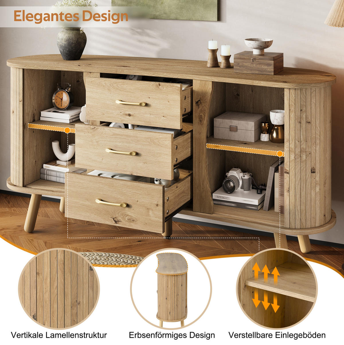 SIDEBOARD 150/36,5/75 cm Natur aus MDF mit Schiebetüren und Schubladen - Naturfarben, Holzwerkstoff (36.5/75/150cm) - OKWISH