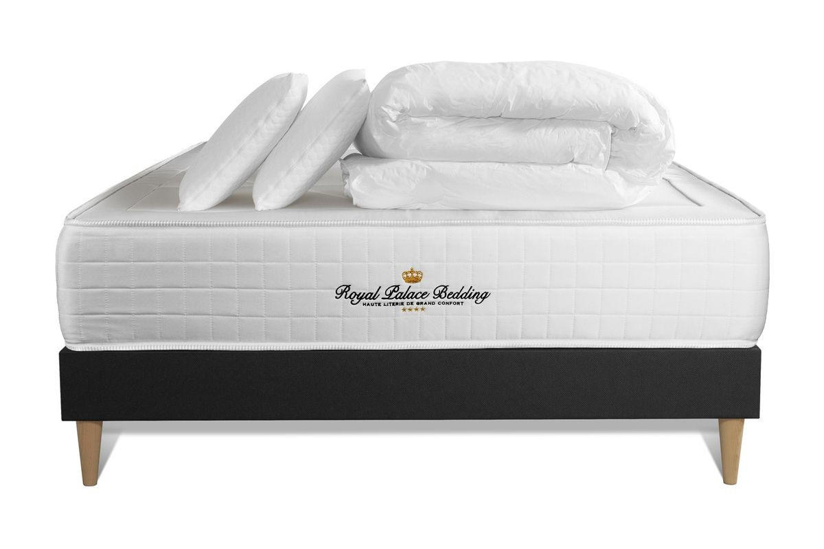 BETT Windsor Taschenfederkern und Memory-Schaum 200 x 200 cm h1 - Kit Bettgestell Schwarz - Mit Kissen und Bettdecke - Beige/Schwarz, Karton/Holz (200/200cm) - ROYAL PALACE BEDDING