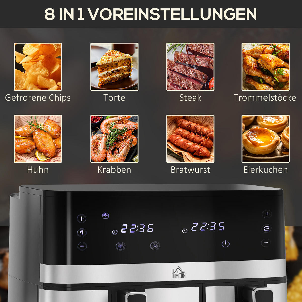 HEISSLUFTFRITTEUSE DE-07932 2 Körbe (5,2 L & 3,3 L), 8 Programme Schwarz+Silber - Schwarz, Metall (39.2/31.1/41.8cm) - ComfortXL