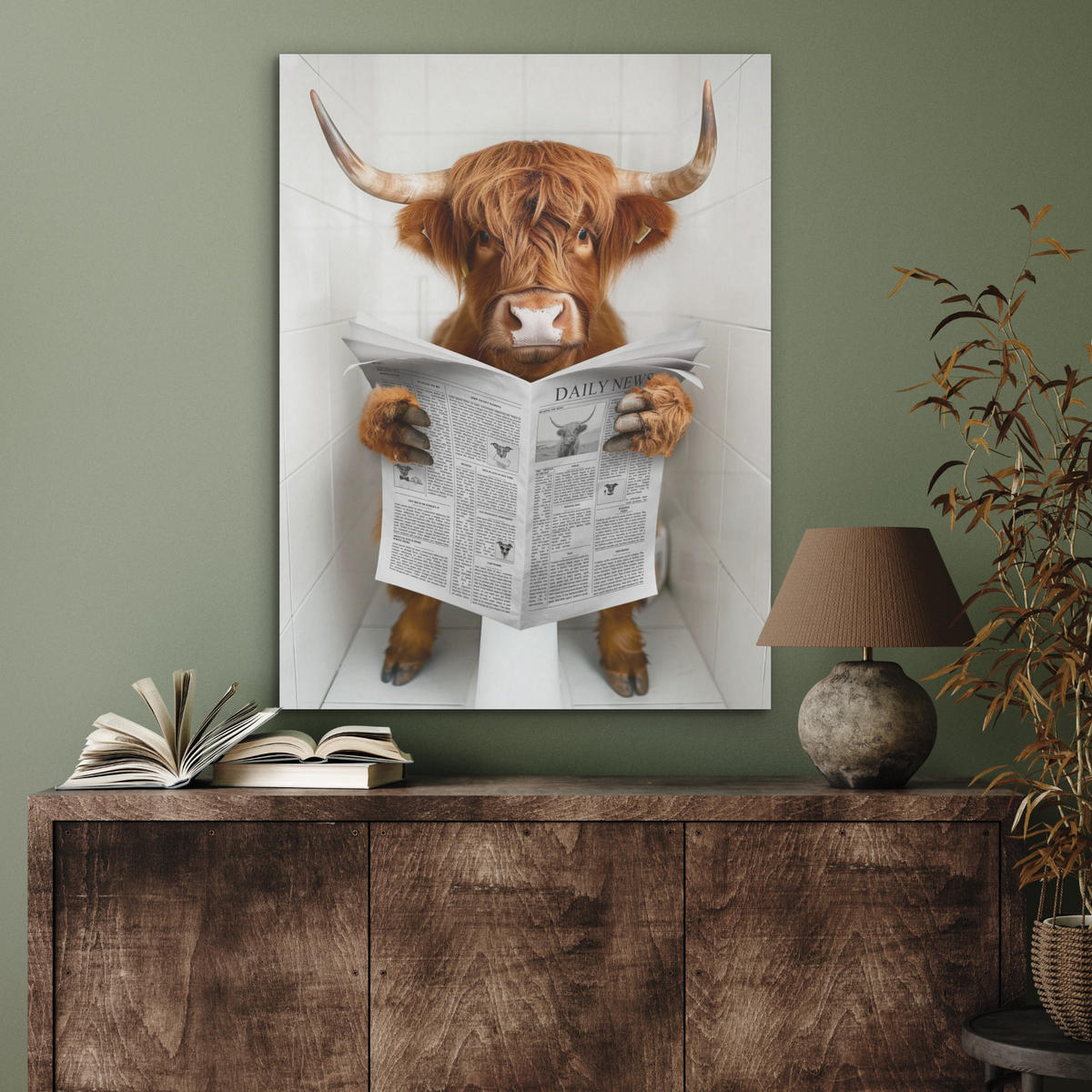 AKUSTIKPANEEL Schottisches Hochlandrind - Tier - Zeitung - Toilette 60x80 cm - Kastanienfarben, Textil (60/0.9/80cm) - MuchoWow