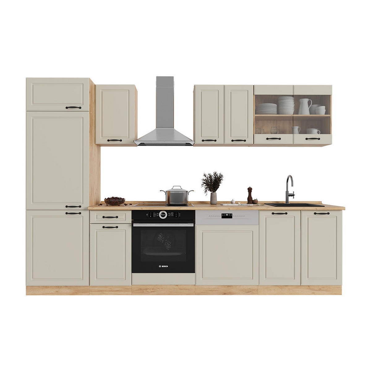 KÜCHENZEILE R-Line, Sand Landhaus/Goldkraft Eiche, 300 cm Arbeitsplatte Anthrazit - Honigeiche/Beige, Holzwerkstoff (300/206.8/60cm) - Vicco