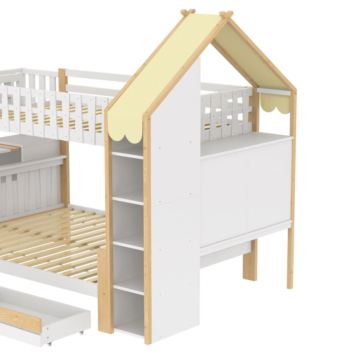 ETAGENBETT Hausleiste Weiß + Natur - Naturfarben, Holz (140/200cm) - ComfortXL