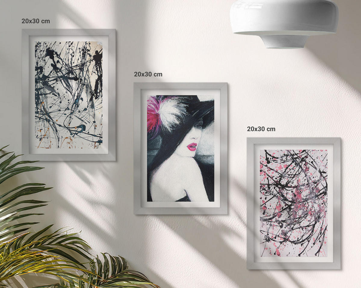 WANDBILDER 3er Set - 20x30 cm Silberner Rahmen - Abstrakte Farbmuster Hut - Silberfarben, Kunststoff (20/30cm) - ArtPrintCave