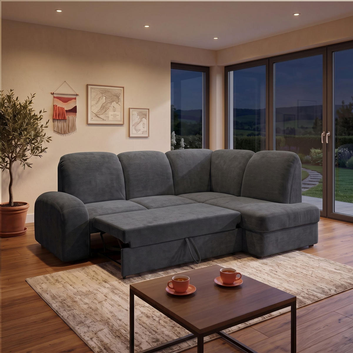 ECKSOFA VIBE L Rechts mit Schlaffunktion 129x205 Chenille Anthrazit - Anthrazit/Schwarz, Holz/Kunststoff (250/186cm) - Muffo