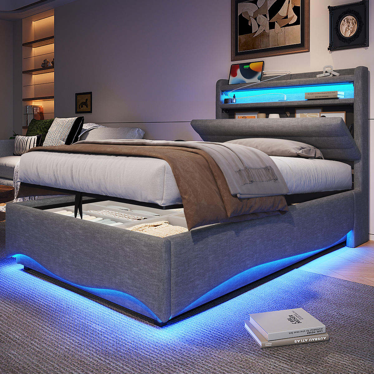 POLSTERBETT 90/200 cm Grau aus Leinen mit LED-Beleuchtung und Stauraum - Grau, Textil (90/200cm) - OKMYHOME