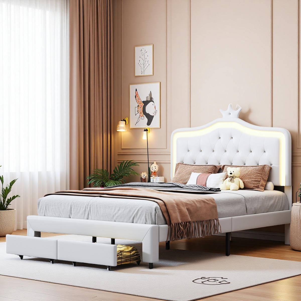 POLSTERBETT 140x200 cm LED Schubladen Lattenrost Rückenlehne weiß - Weiß, Holz (140/200cm) - LEBENLANG