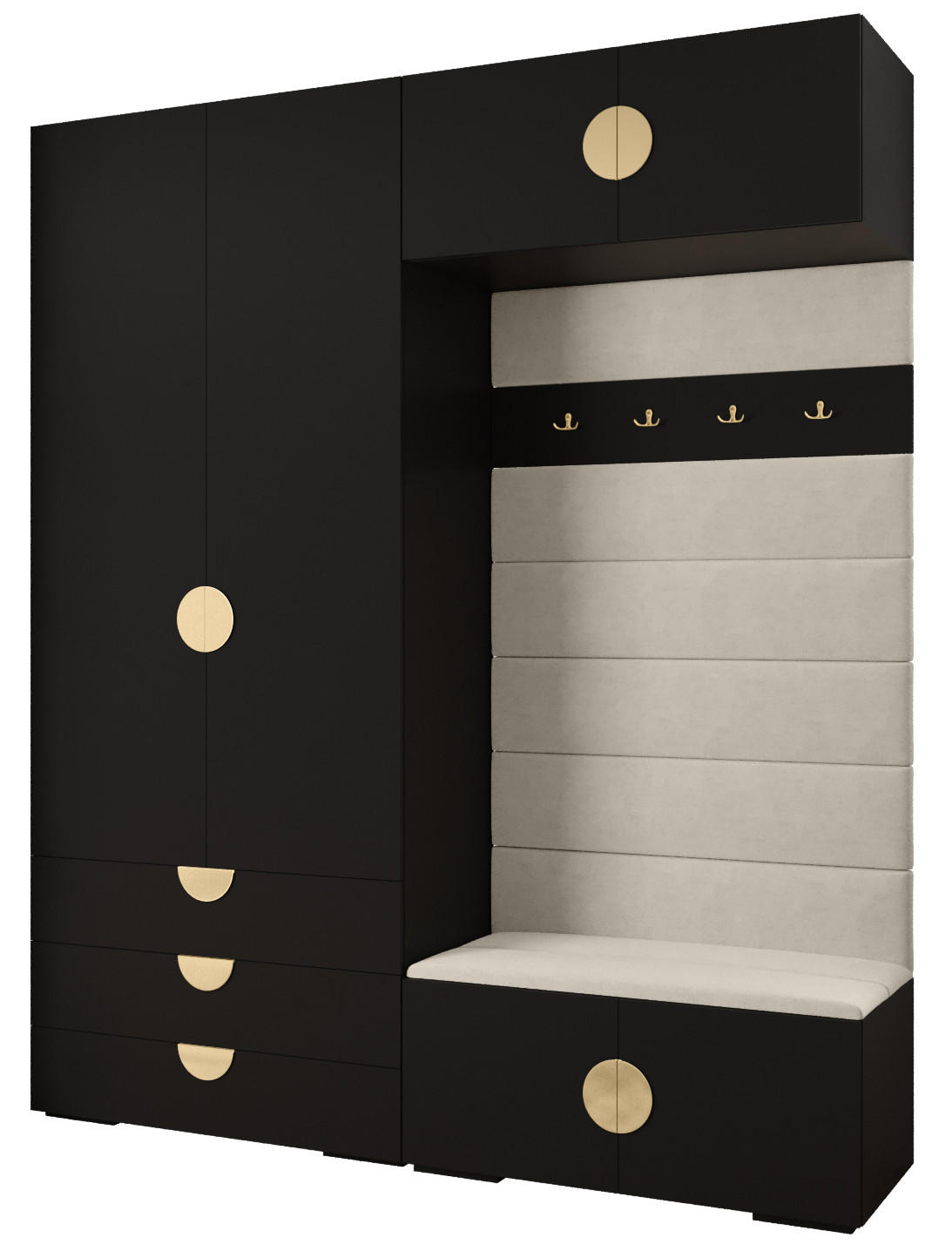 Abiks Möbel Garderoben-Set Schwarz, Beige, Gold 200x236.7x47 cm