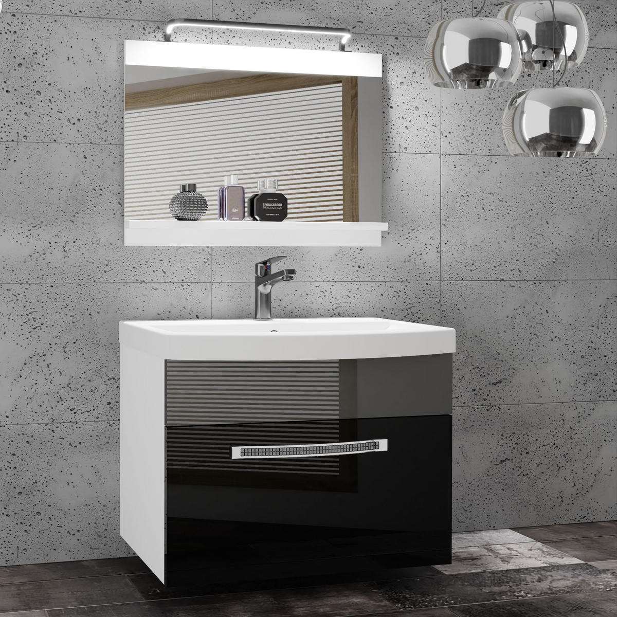BADMÖBEL Badezimmer Schwarz/ Silber, Glänzend - Silberfarben/Schwarz, Holz (60/51/40cm) - B BELINI GROUP