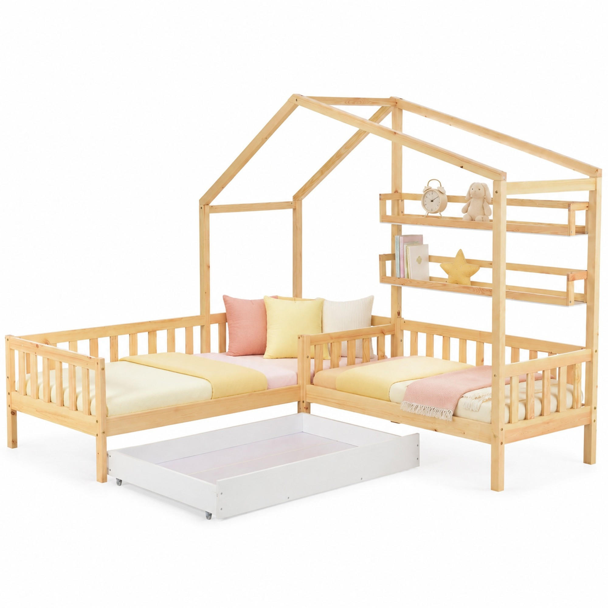 KINDERBETT 90/200+140/70 mit Schublade, Regalen und Lattenrost in Natur - Naturfarben, Holzwerkstoff (90/200cm) - EVRYAE