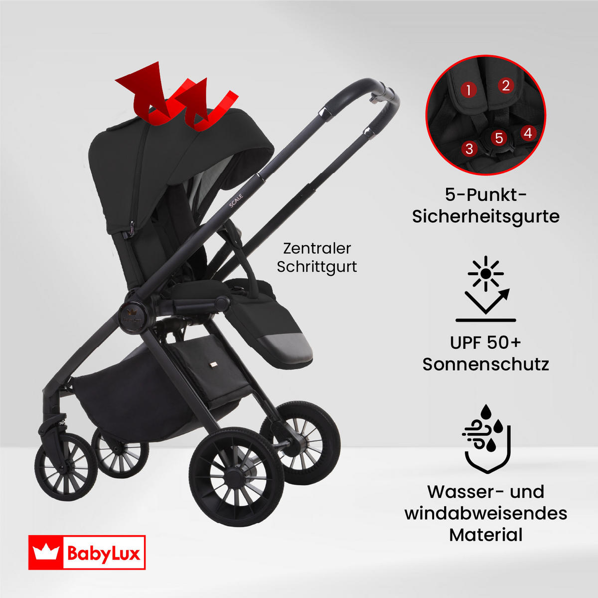 BUGGY Scale, Klein und Leicht, Teleskopische Führung, Kompakt Faltbar, Wickeltasche, Reisetasche - Schwarz, Textil/Metall (58/100cm) - BabyLux