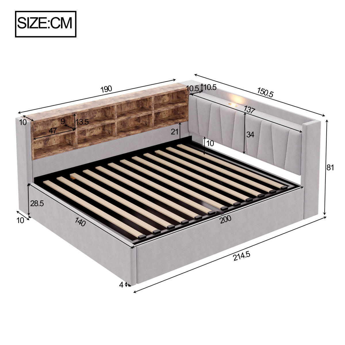 SCHLAFSOFA 140/200 cm in Hellgrau Samt mit Stauraum, LED und USB - Hellgrau, Holzwerkstoff/Textil (140/200cm) - WISHDOR