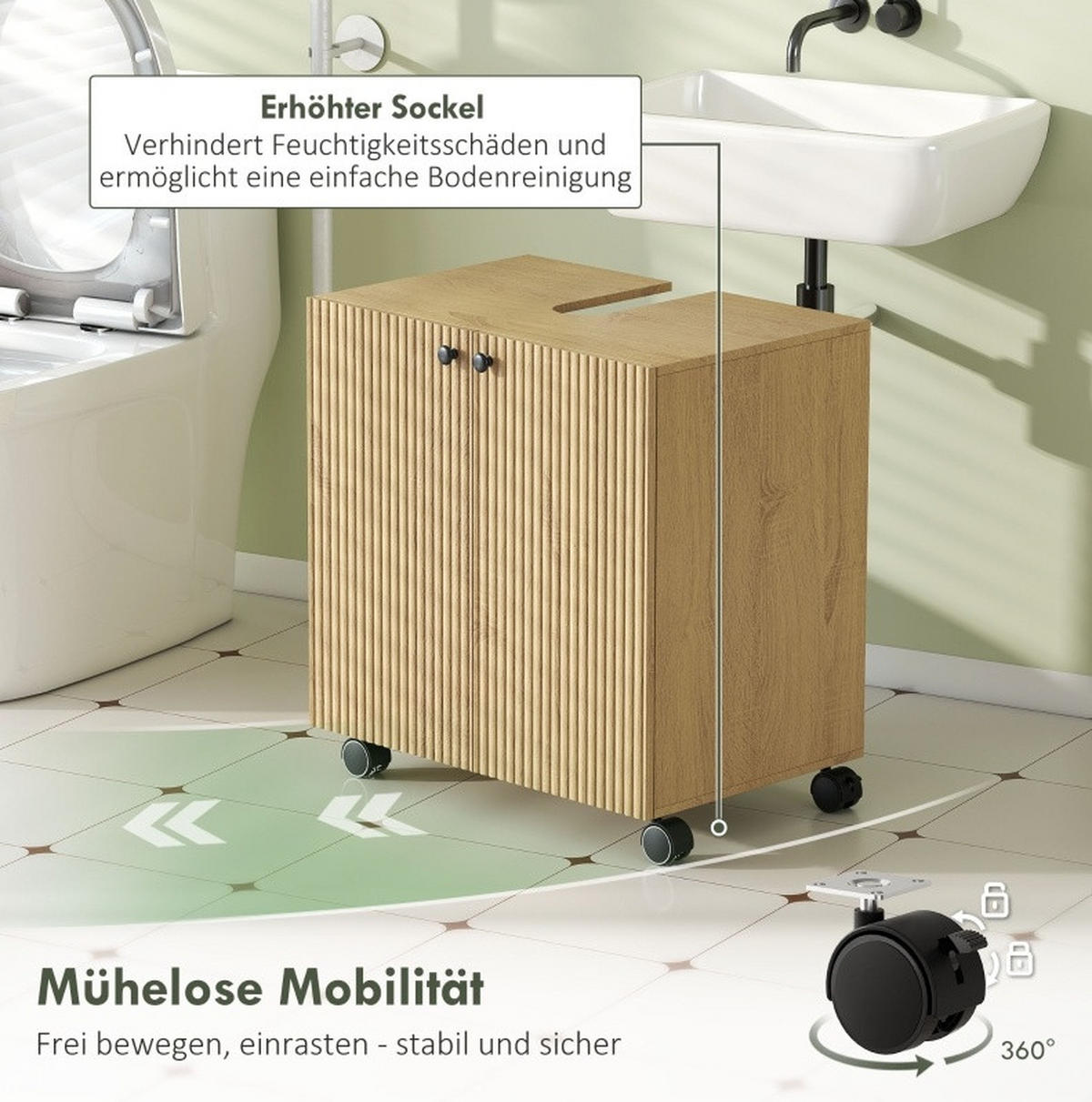 WASCHBECKENUNTERSCHRANK mit Rollen und Soft-Close Naturholz - Naturfarben, Holzwerkstoff (39.8/62/60cm) - Beauniv
