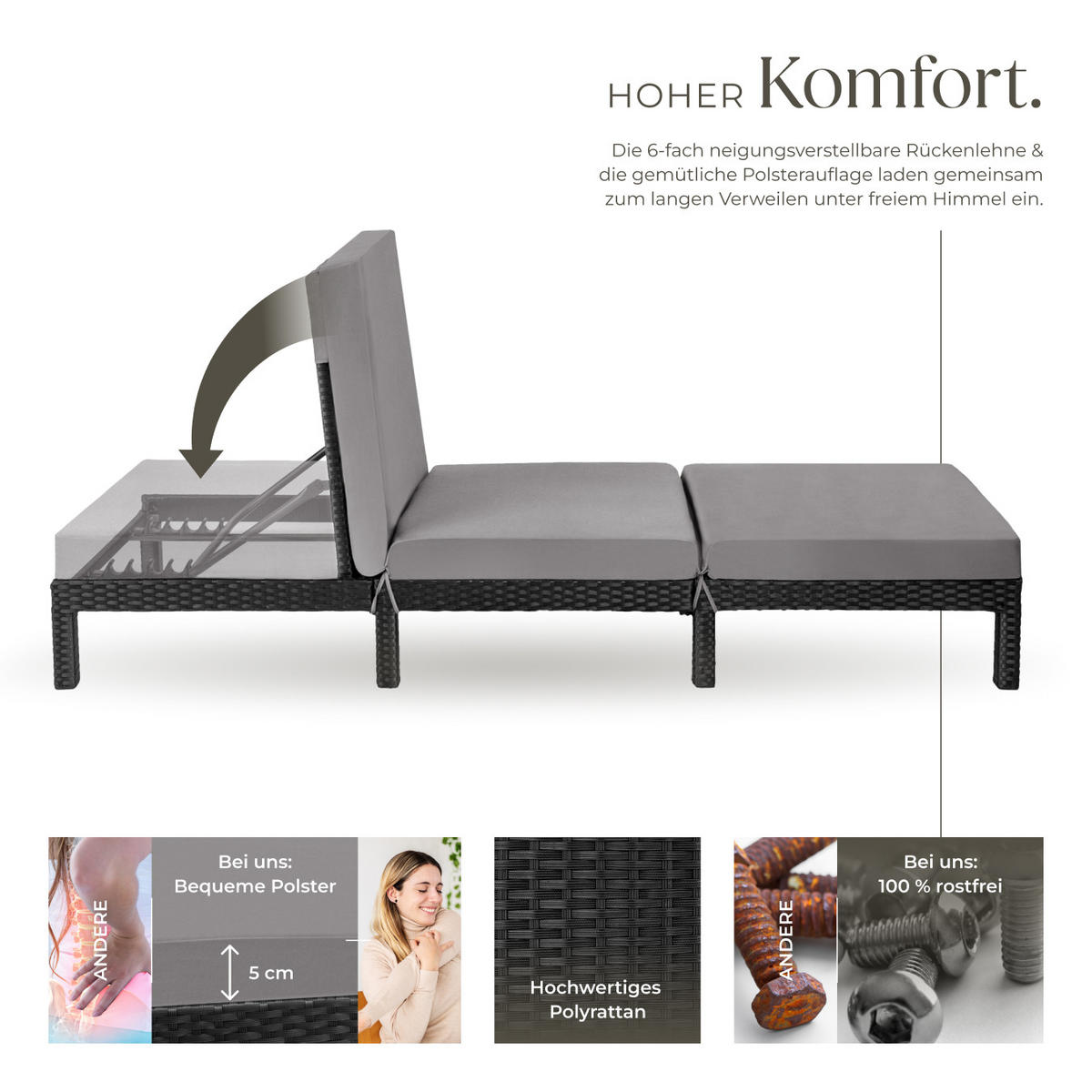 RATTAN-SONNENLIEGE Sofia, 196 x 66 x 27 cm, schwarz - Schwarz, Kunststoff (66/27/196cm) - tectake