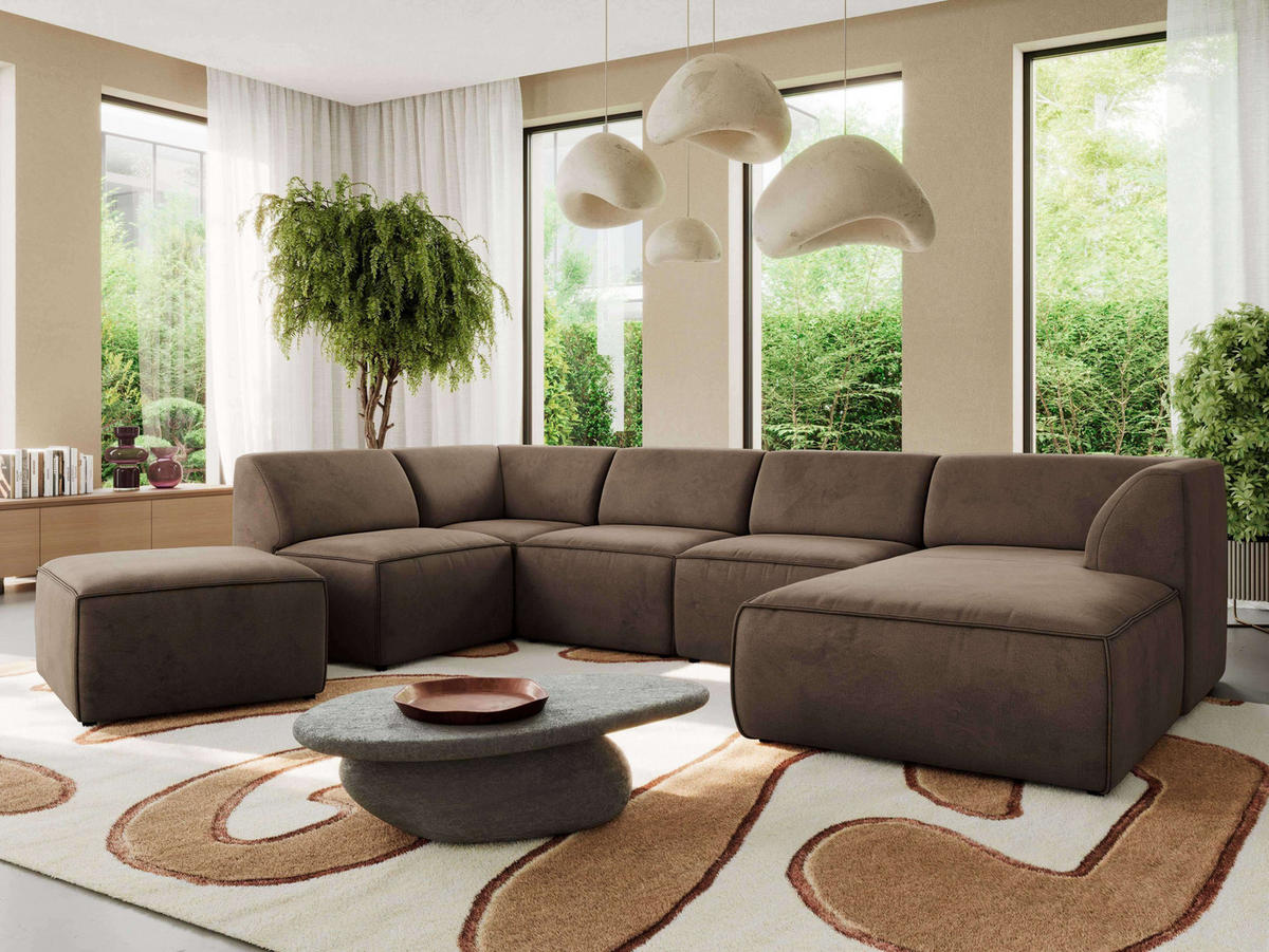 WOHNLANDSCHAFT MODARO U 6M - Braun Velvet - Rechts - Schwarz/Braun, Textil (345/78/180cm) - MKS