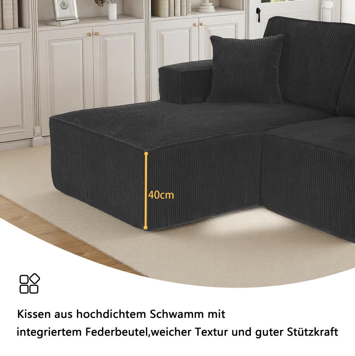 ECKSOFA 235/128/60 cm schwarz aus Cord mit Chaiselongue und 2 Kissen - Schwarz, Textil (128/235cm) - OKWISH