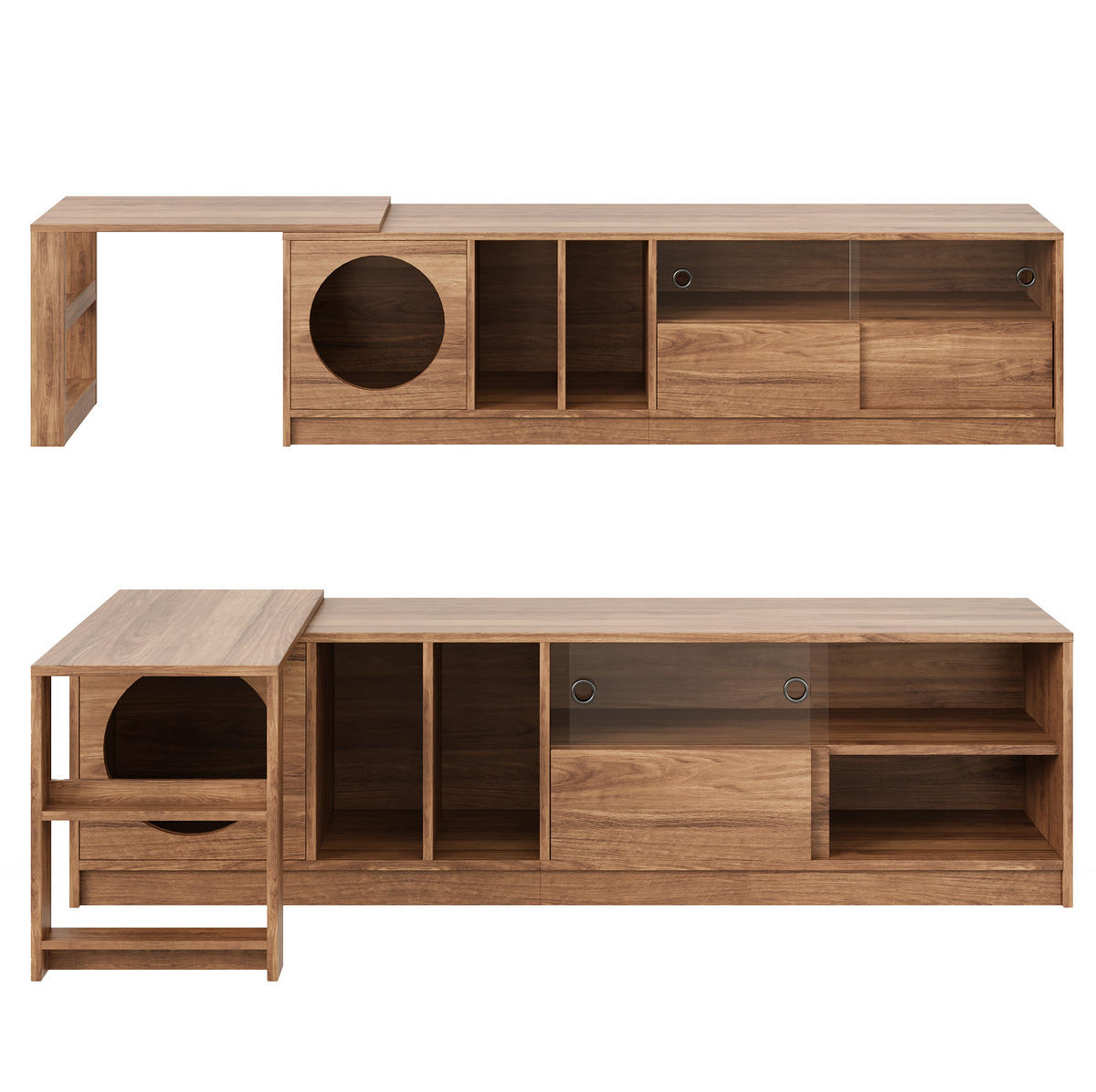 TV-SCHRANK aus MDF und Glas 180x40x50 cm Nussbaum drehbar, ausziehbar mit Katzenruhebereich - Walnussfarben, Holzwerkstoff (180/50/40cm) - Modfu