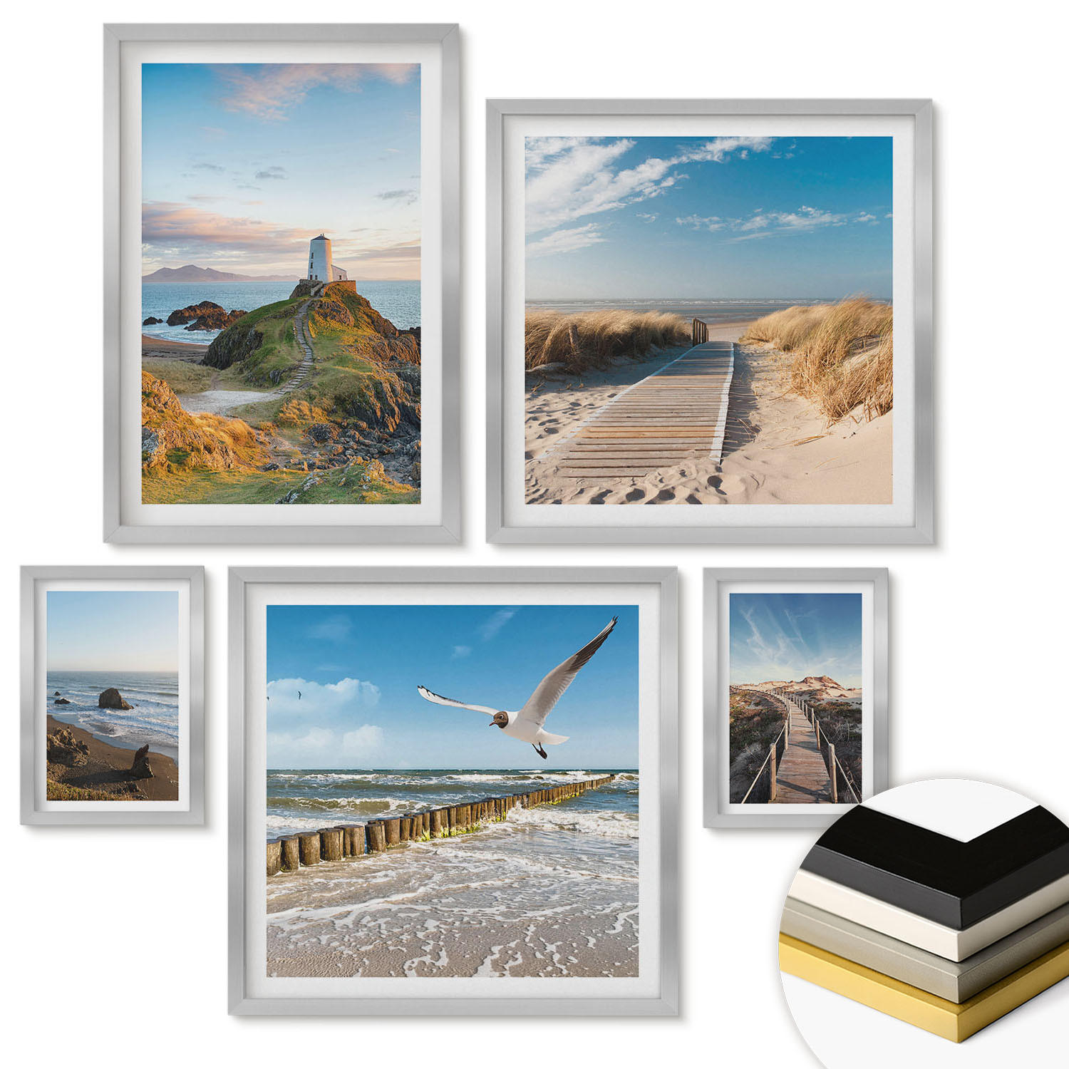 WANDBILDER 5er Set - 50x50 cm & 20x30 cm & 40x60 cm Silberner Rahmen - Palmen am Meer, blaues Wasser - Silberfarben, Kunststoff (40/60cm) - ArtPrintCave