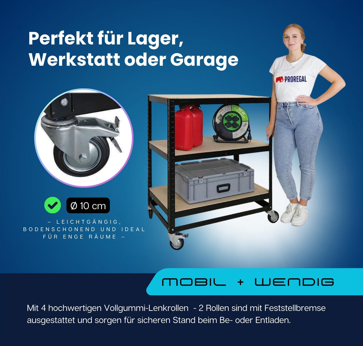 KOMMISSIONIERWAGEN 2er Set BÜFFEL 100x90x50cm 3 Ebenen Fachlast 50kg 2X Lenkrollen & 2X Lenkrollen mit Feststellbremse Schwarz - Schwarz, Metall (180/100/50cm) - PROREGAL