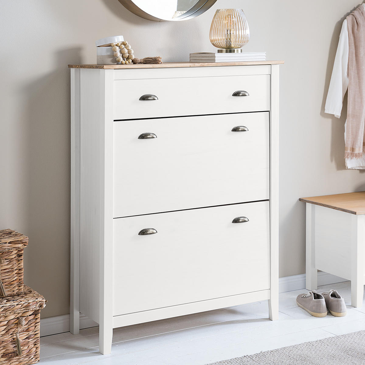 SCHUHKIPPER - Kiefer massiv - Weiß, Holz (88/116/35cm) - home24