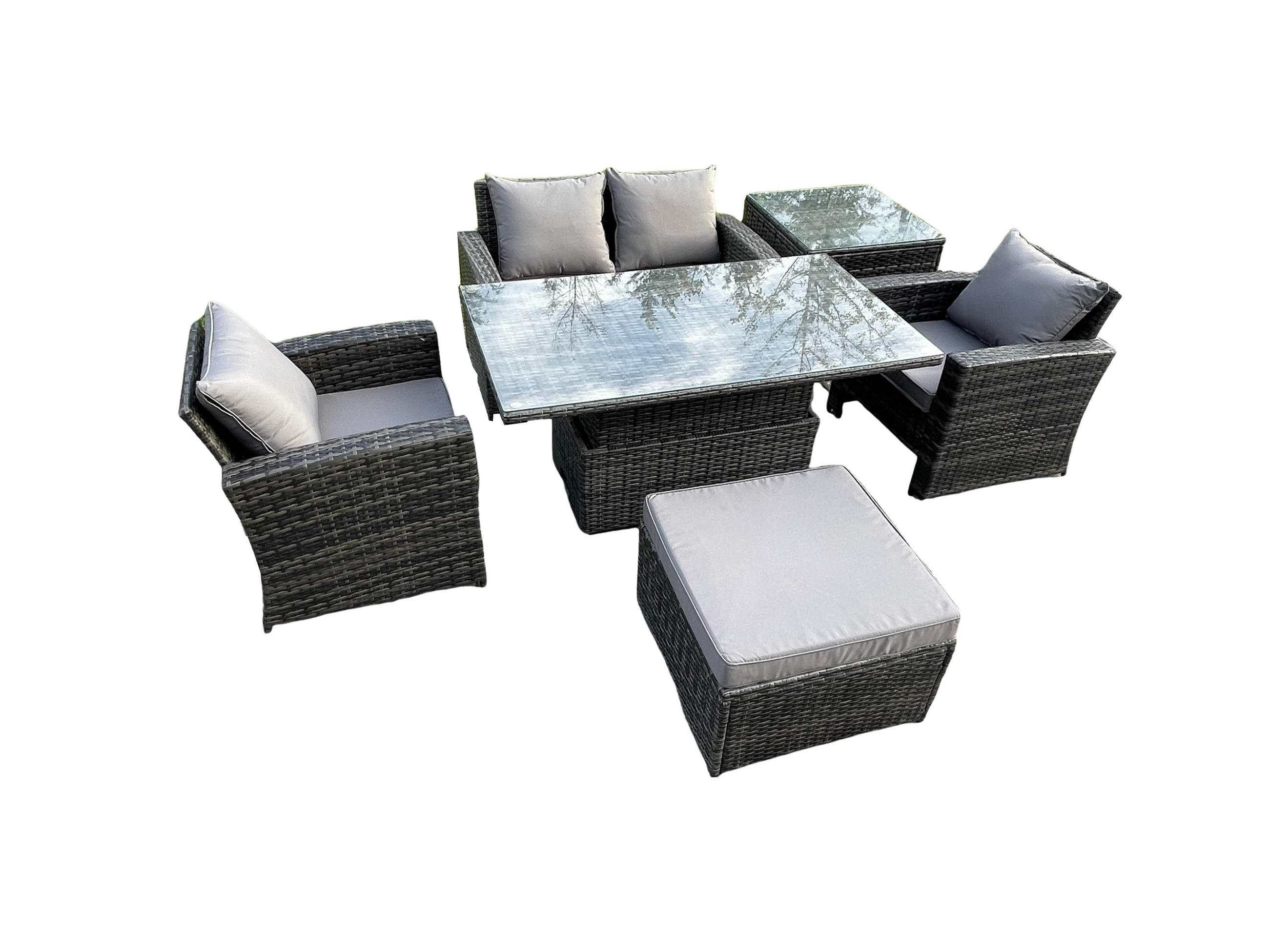 GARTENMÖBEL-SET ESSGRUPPE HÖHENVERSTELLBARER ESSTISCH MIT HOCKER BEISTELLTISCH Polyrattan Dunkelgrau Gemischt - Dunkelgrau, Metall - Fimous