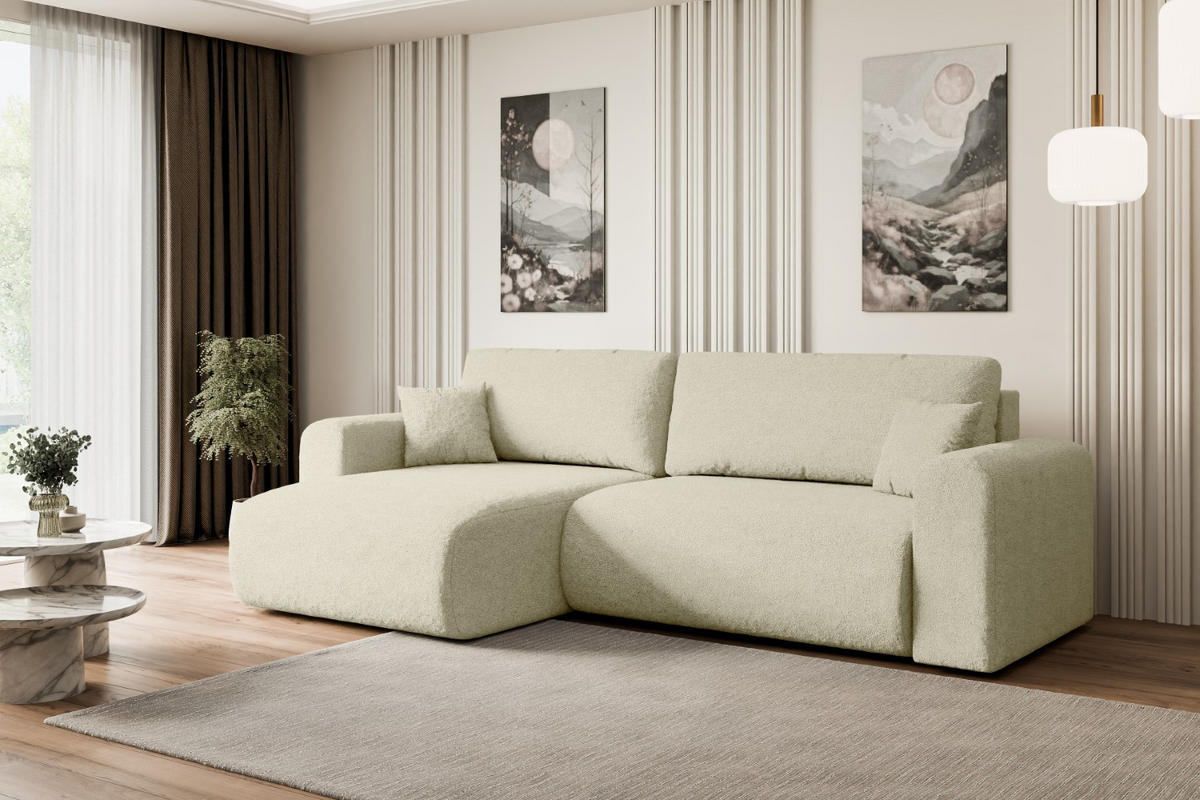 ECKSOFA mit Schlaffunktion und Bettkasten ORRO-L - 272x145x83 cm Beige Bouclé - Beige/Schwarz, Holzwerkstoff/Kunststoff (272/145cm) - ALTDECOR