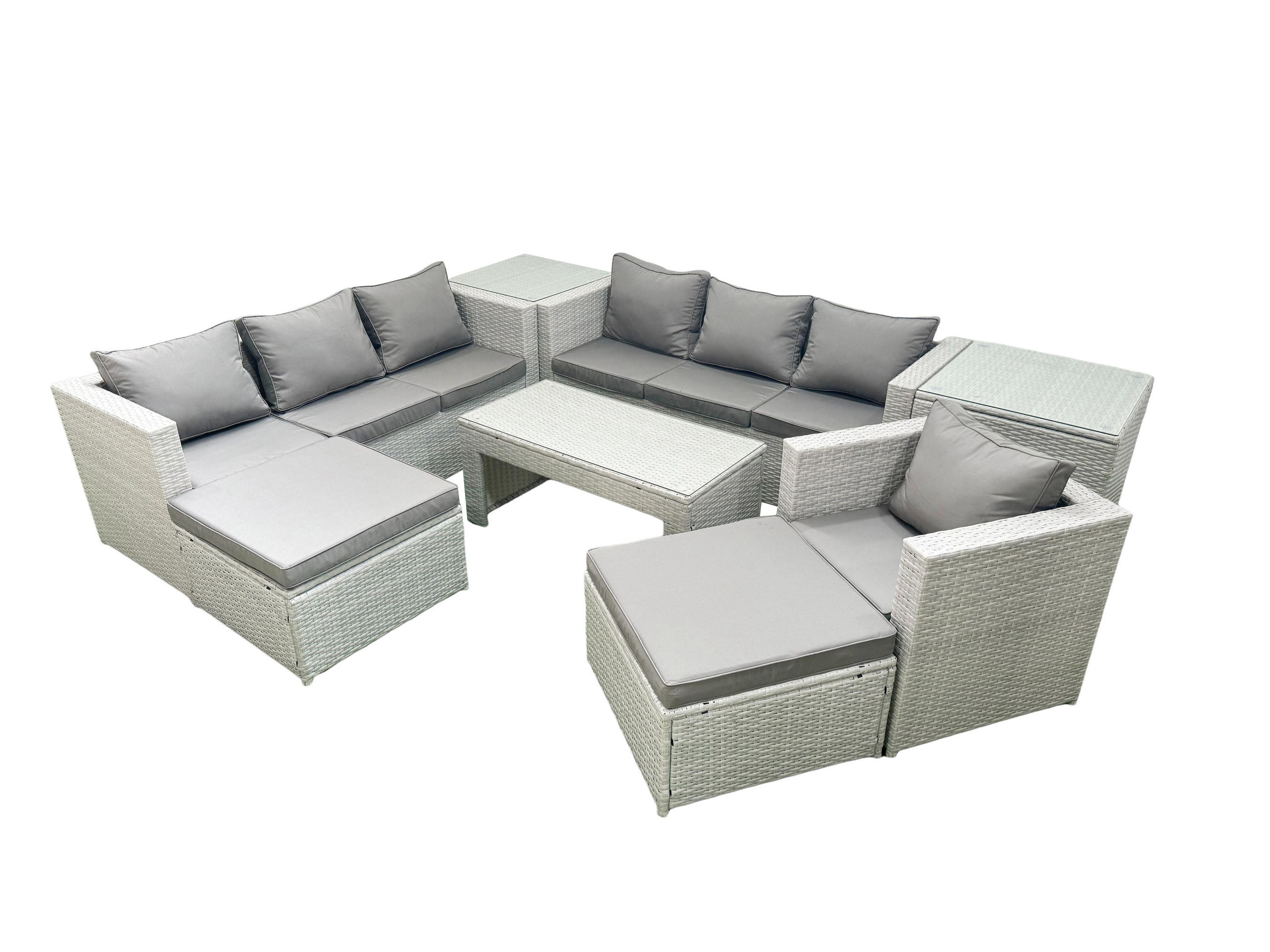 GARTENSOFA hohe Rückenlehne Polyrattan Hellgrau-Mix 9-Sitzer - Hellgrau/Grau, Glas/Kunststoff - Fimous