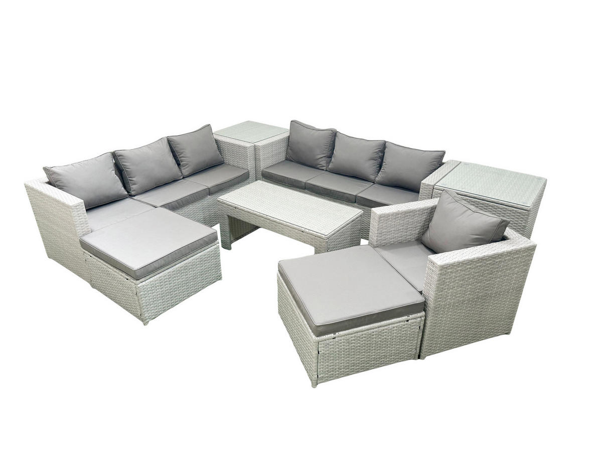 GARTENSOFA hohe Rückenlehne Polyrattan Hellgrau-Mix 9-Sitzer - Hellgrau/Grau, Glas/Kunststoff - Fimous