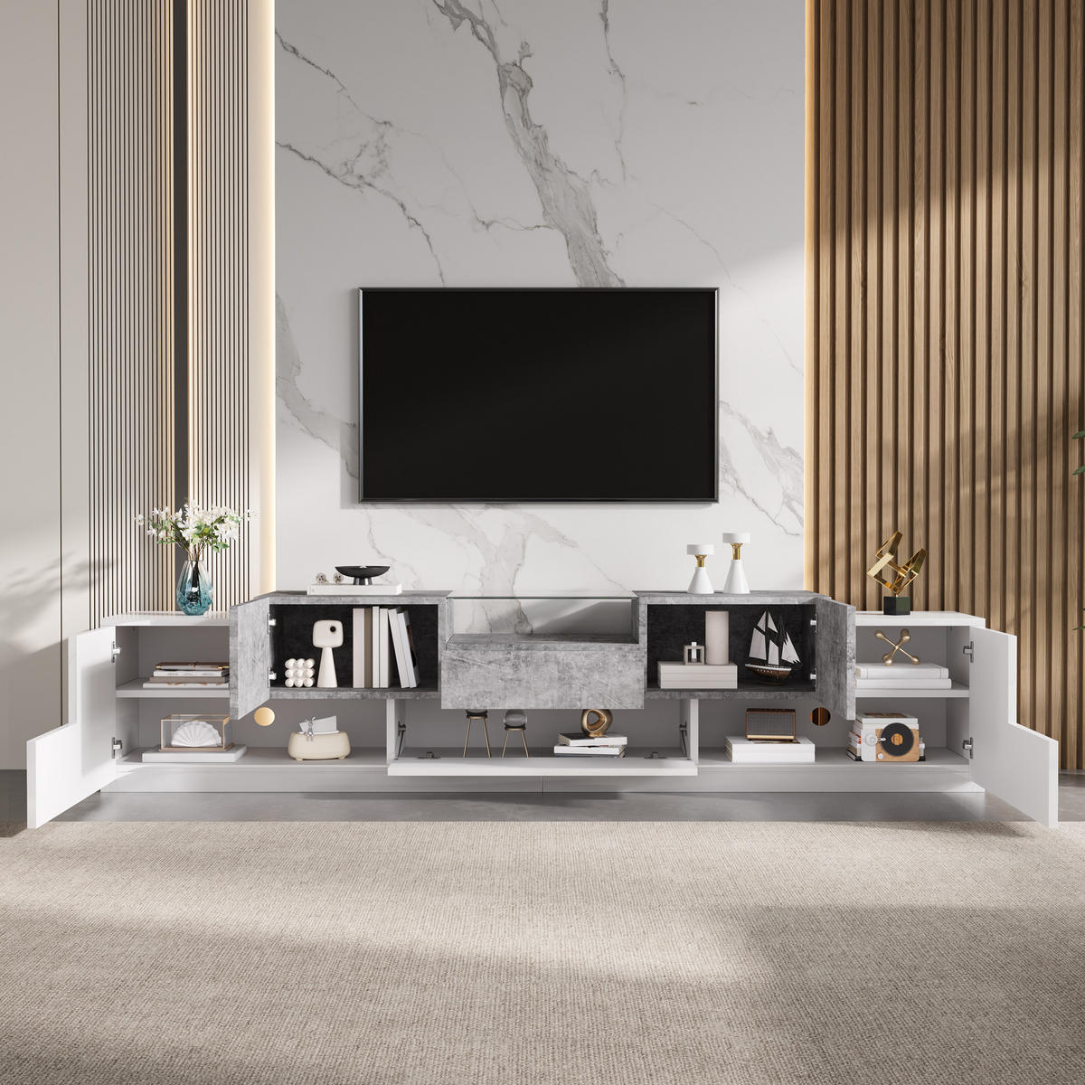 TV-SCHRANK 200/38.5/48.5 cm Weiß mit 7 Türen und 1 Schublade - Weiß, Holzwerkstoff (200/48.5/38.5cm) - Oxeza