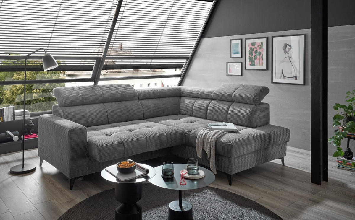 ECKSOFA mit elektronische Sitztiefenverstellung, USB-Anschluss und stilvollem Breitcord-Bezug - Hellgrau/Zwetschgefarben, Textil (200/243cm) - ed exciting design