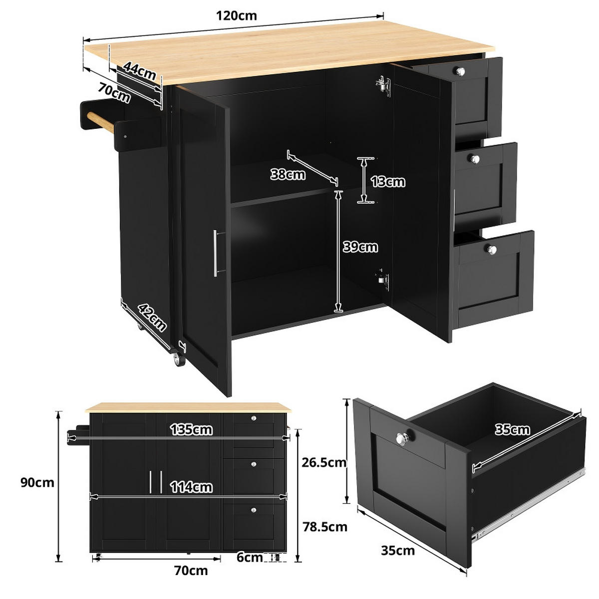 KÜCHENINSEL MOBILER KÜCHENTISCH Kücheninsel Klappbar Eichenholz-Optik 135/44/90 cm - Schwarz, Kunststoff (44/90/135cm) - Rolipo
