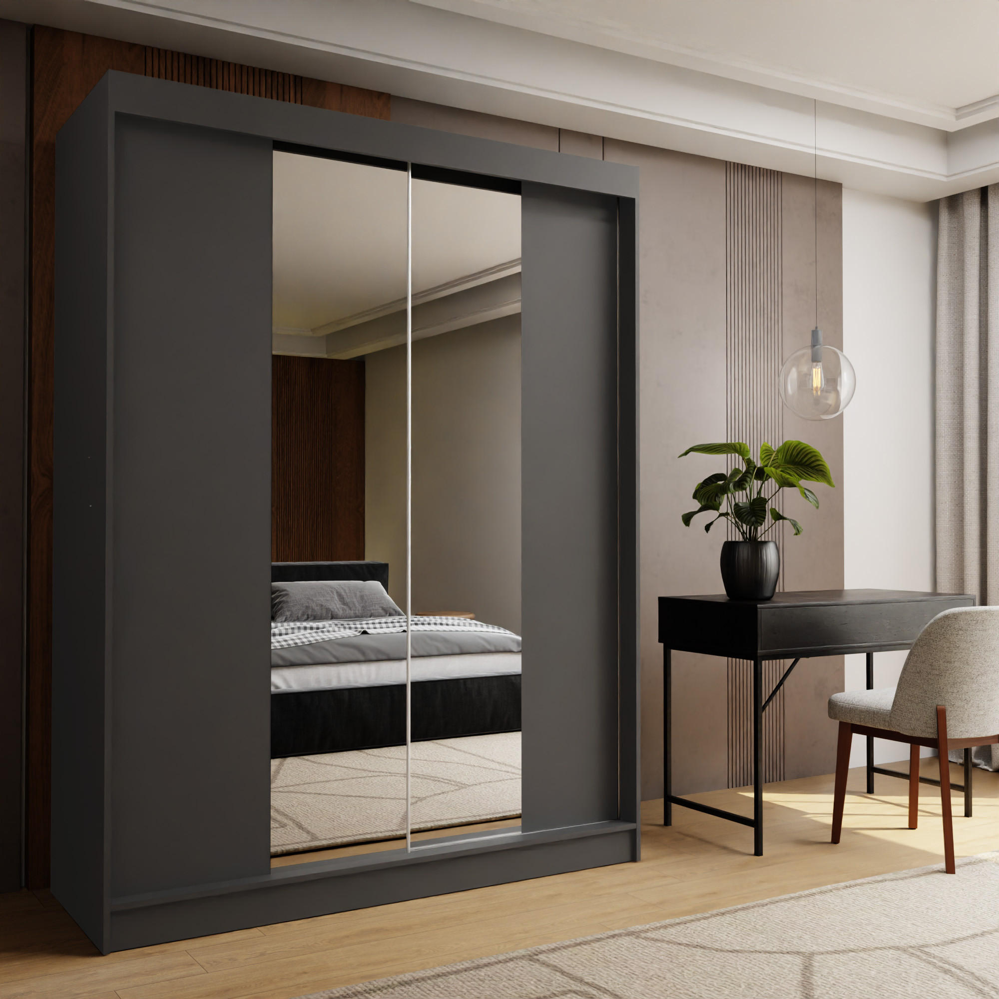 Thumbnail - Masseno Schwebetürenschrank, Grau, Holzwerkstoff, 4 Fächer, Rechteckig, 150x216x61 cm, Schlafzimmer, Kleiderschränke, Sc...