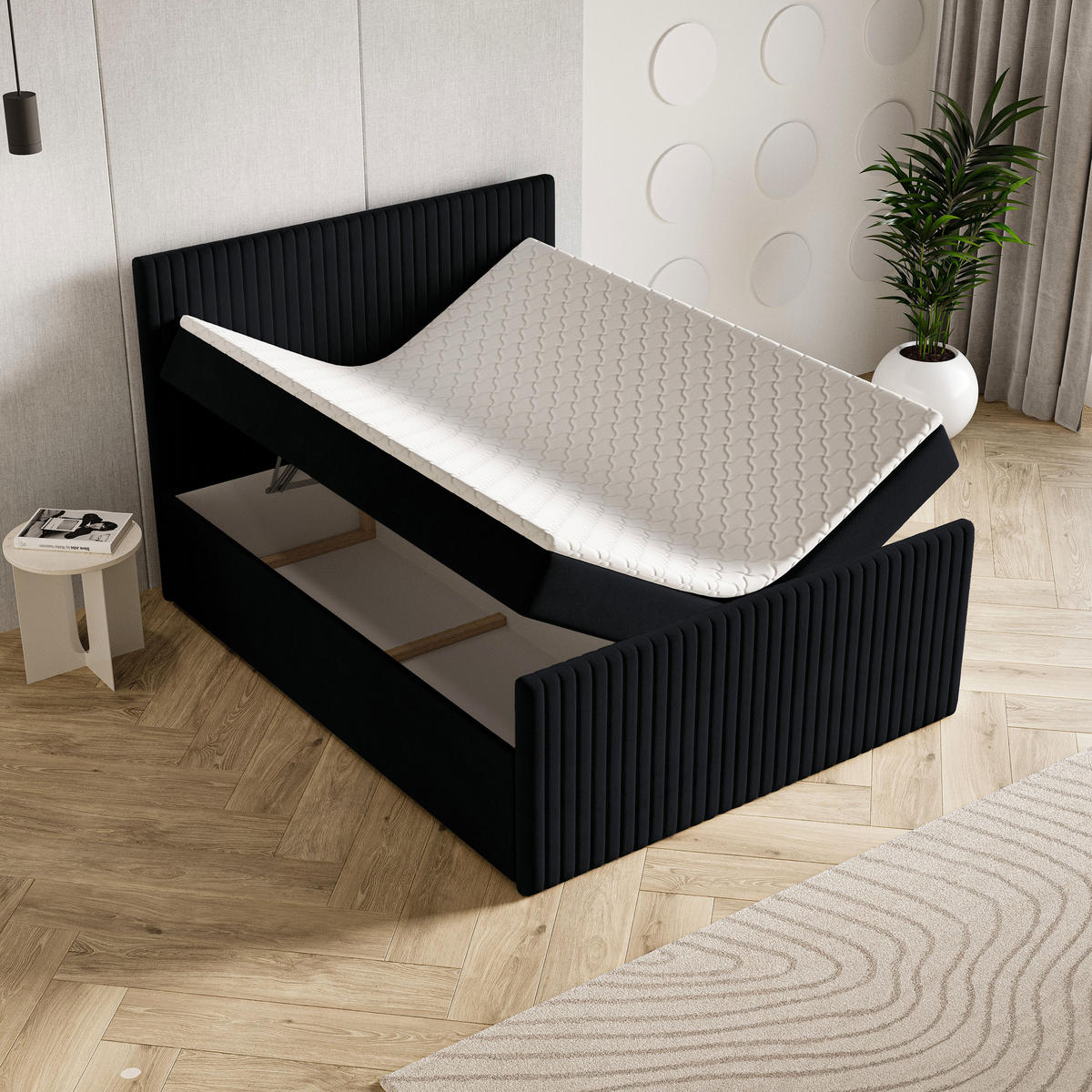 BOXBETT TERVAN 180x200 cm mit Matratze und Topper - Schwarz - Schwarz, Holz (180/200cm) - MASSENO