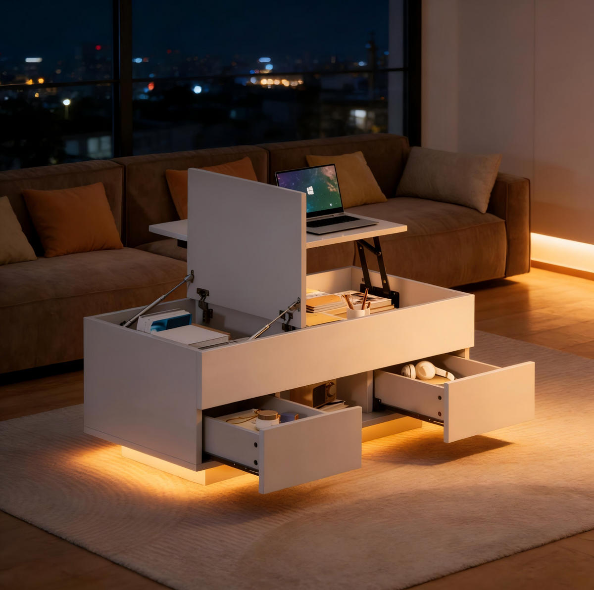 COUCHTISCH 100/45/43 cm höhenverstellbar mit klappbarer Tischplatte, 2 Schubladen, LED und Stauraum aus Spanplatte, Weiß - Weiß, Holzwerkstoff (100/45/43cm) - Redom