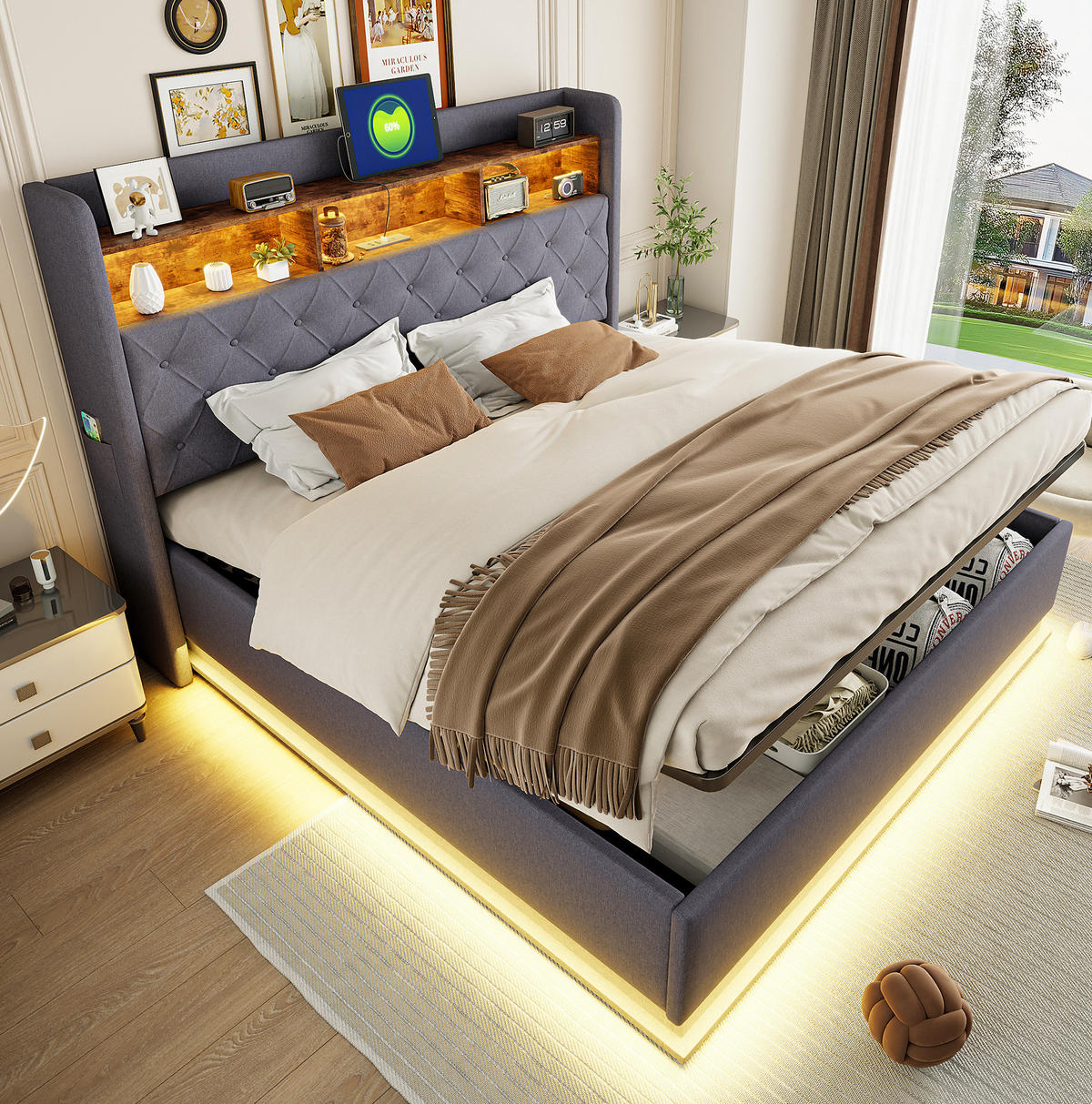 POLSTERBETT aus Stoff 180x200 cm Grau mit LED-Beleuchtung, USB-Anschluss und hydraulischem Stauraum - Grau, Textil (180/200cm) - Modfu