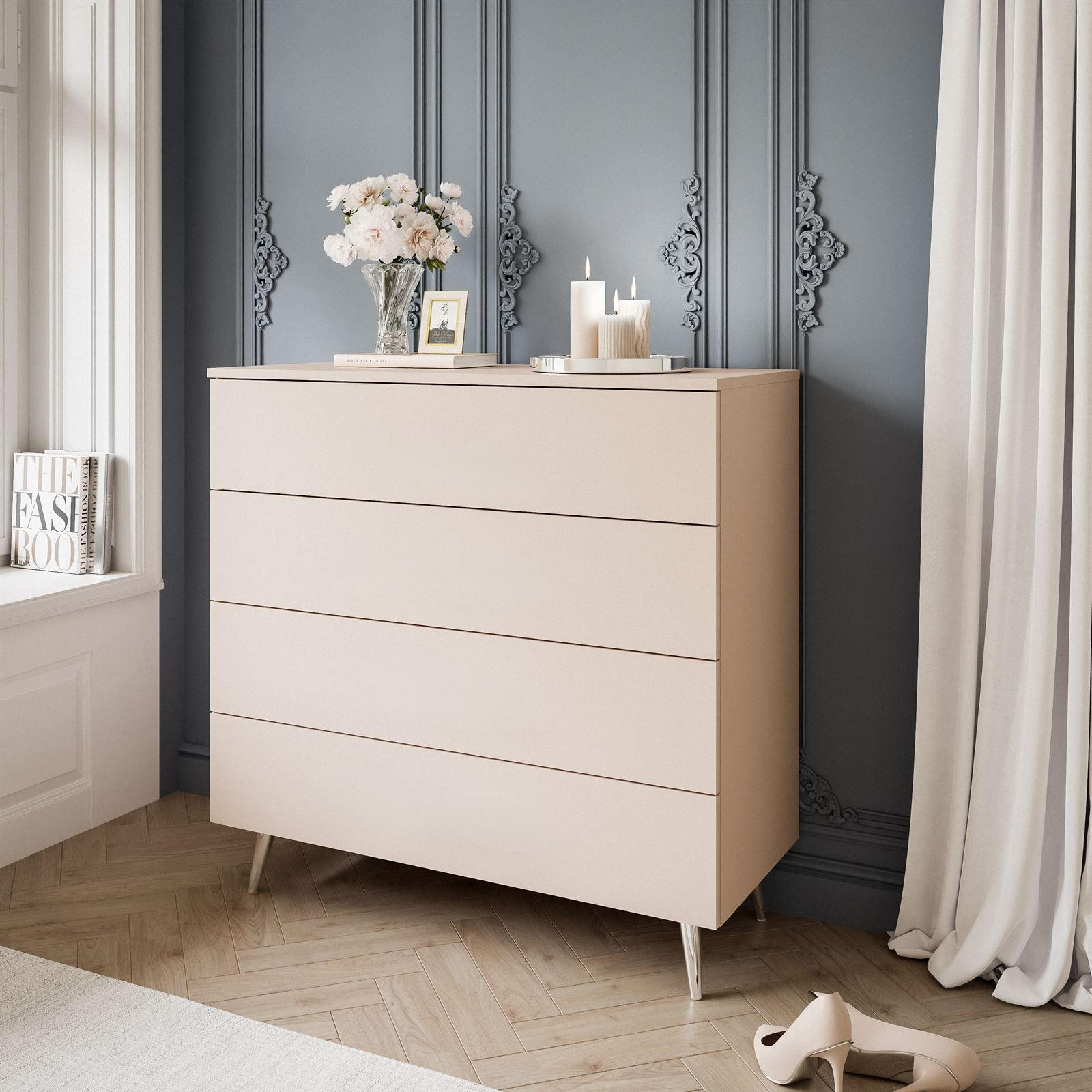 KOMMODE AURA KASCHMIR 4S mit Schubladen Silberne Beine - Kaschmir/Silberfarben, Holzwerkstoff (95/90/40cm) - Lookway