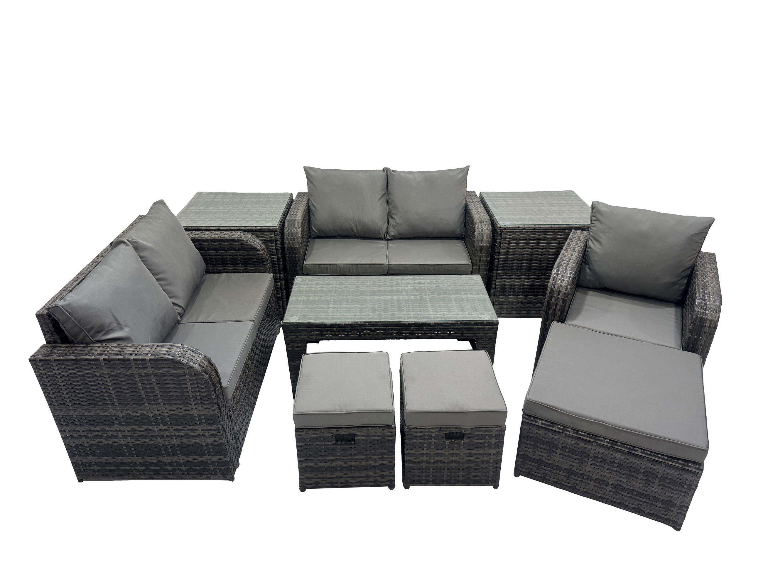 GARTENSOFA SET mit rechteckigem COUCHTISCH Polyrattan 8-Sitzer Dunkelgrau - Dunkelgrau/Grau, Glas/Kunststoff - Fimous