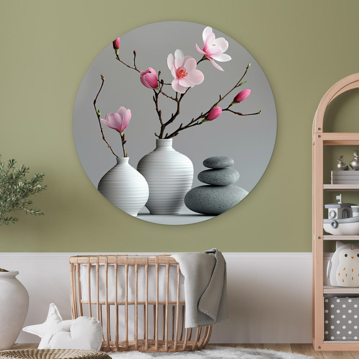 WANDBILD Magnolie - Blumen - Rosa - Zen-Steine 150x150 cm - Hellgrau, Kunststoff (150/150cm) - MuchoWow