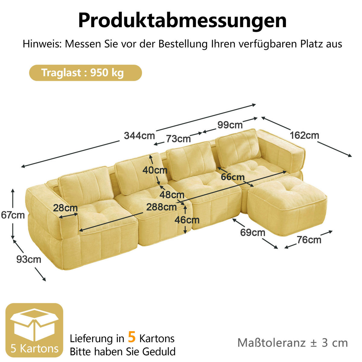ECKSOFA 344/162/67 cm in Gelb aus Polyester mit Hocker und 32D-Schaumstoff - Gelb, Kunststoff (162/344cm) - Flora Grace