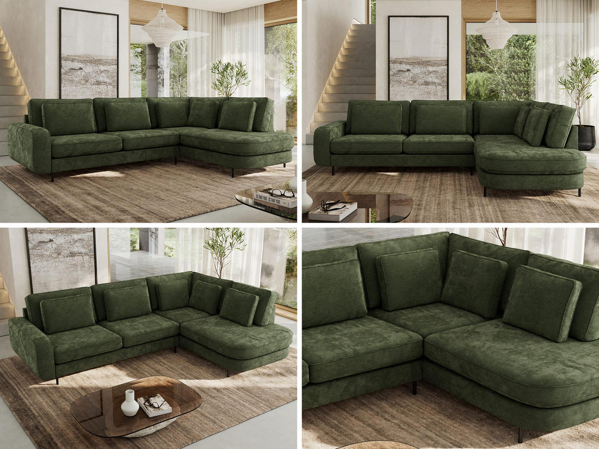 ROHOVÁ SEDAČKA CALENO L - Tmavě zelená Hrubě tkaná žinylka - Levá Strana - černá/tmavě zelená, kov/textil (317/225cm) - MKS