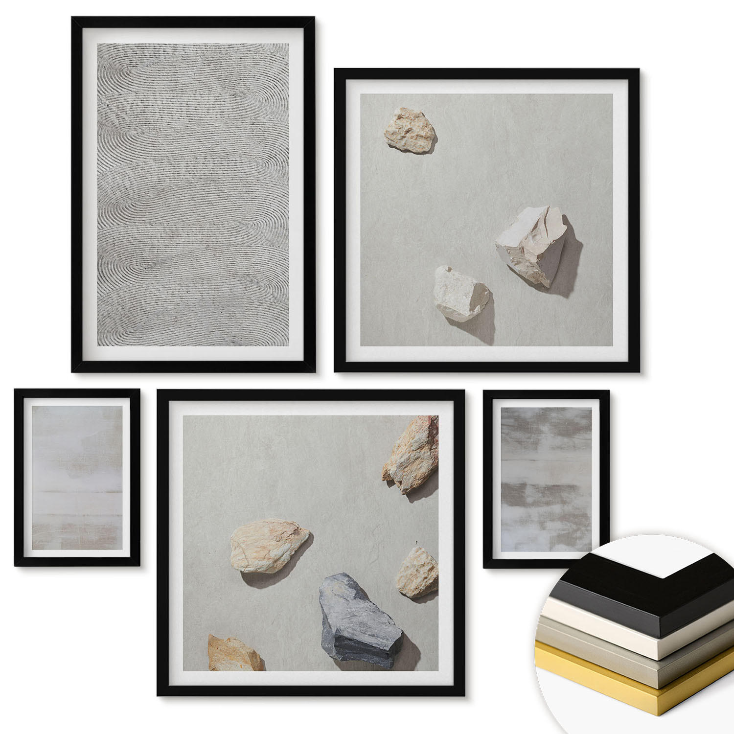 WANDBILDER 5er-Set - 50x50 cm & 20x30 cm & 40x60 cm Schwarzer Rahmen - Moderne minimalistische Texturen - Schwarz, Kunststoff (40/60cm) - ArtPrintCave