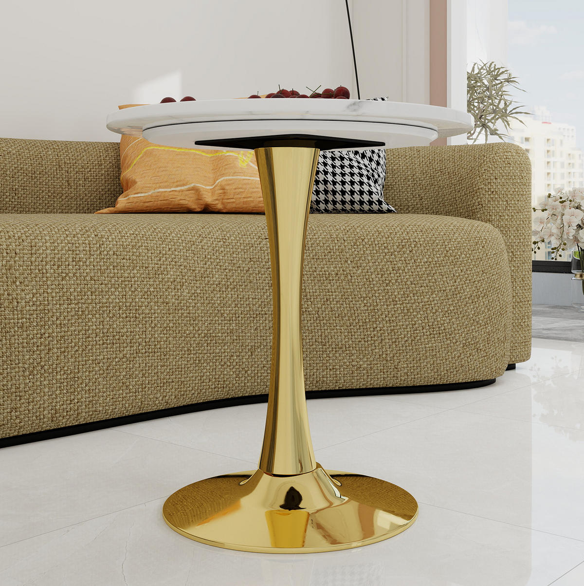 BEISTELLTISCH 70/70/72 cm mit runder Tischplatte in Marmoroptik und filigranem Design, Golden White - Goldfarben, Stein (70/70/72cm) - Redom