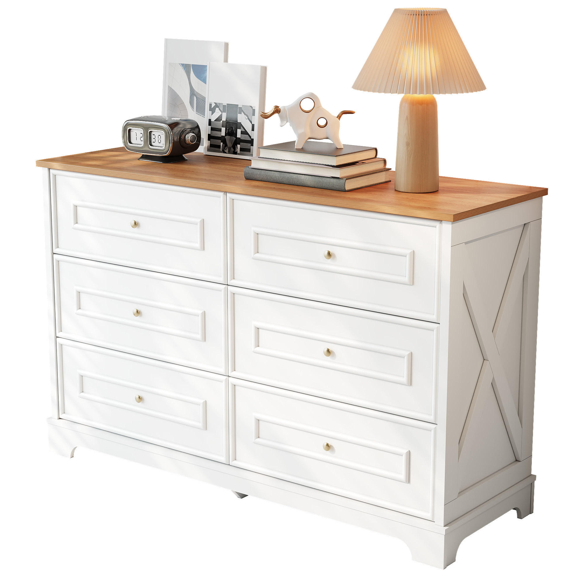 SIDEBOARD 120/40/76 cm in Weiß/Natur mit 6 Schubladen im Landhausstil - Weiß, Holzwerkstoff (120/76/40cm) - Flora Grace